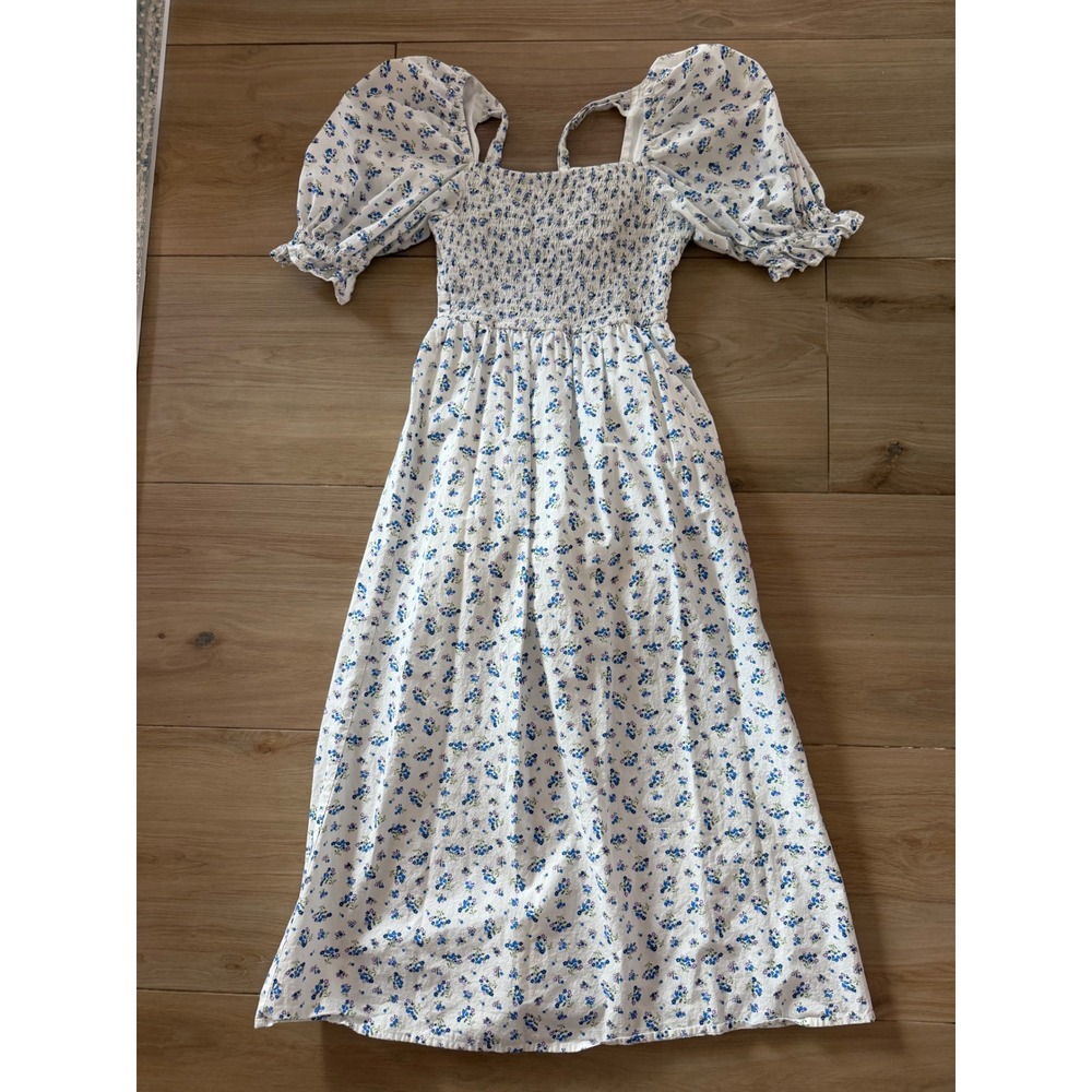 Rahi Floral Smocked Puff Sleeve Midi Dress Blue White Cottagecore XS